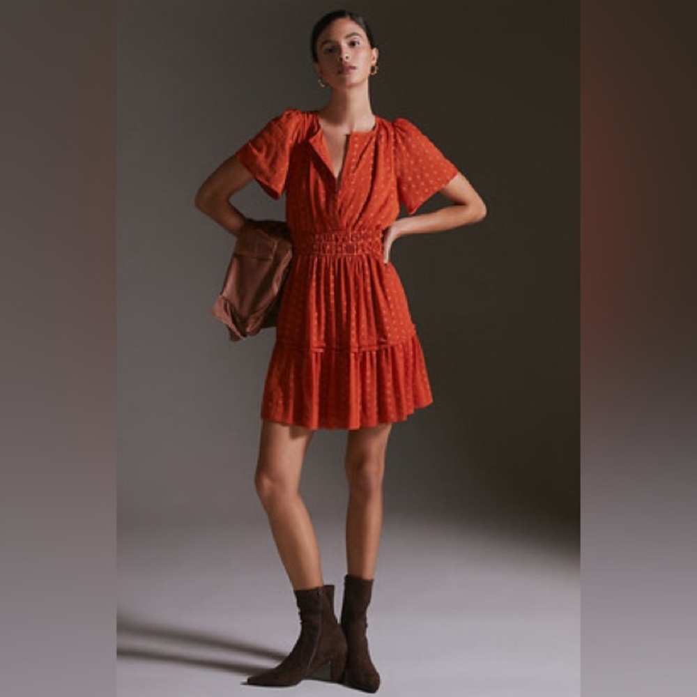 Anthropologie Somerset Mini Dress Polka Dot Terra Cotta Smocked Size Small